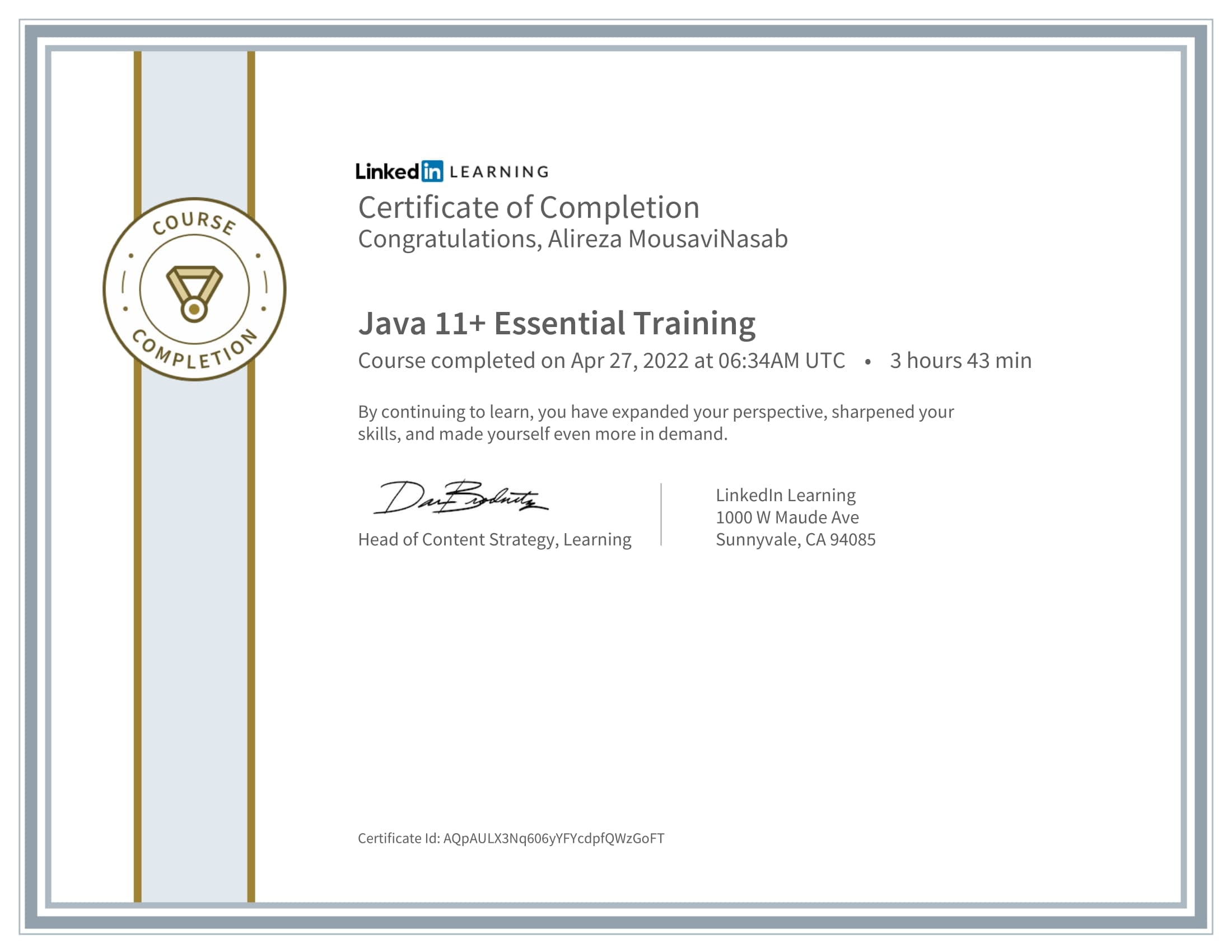 CertificateOfCompletion_Java 11 Essential Training